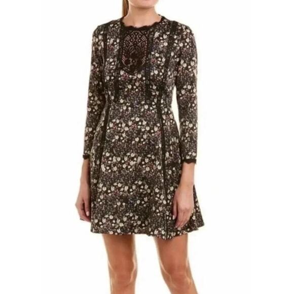 French Connection Hallie Drape Floral Black Folk Boho Mini DressWomens size 4 - Picture 1 of 8